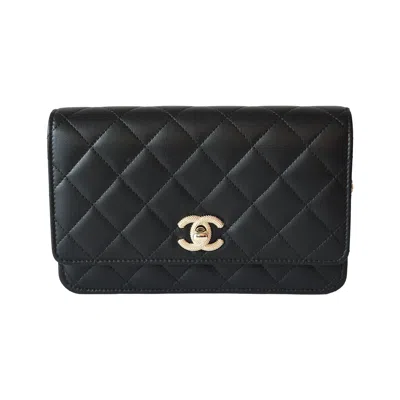 Pre-owned Chanel Cc Quilted Lambskin Wallet On Chain Woc Light Gold Hardware Black