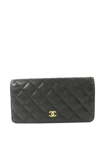 Pre-owned Chanel Cc Quilted Long Wallet In Black