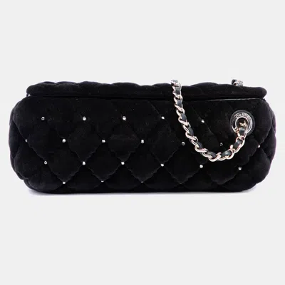 Pre-owned Chanel Cc Quilted Velvet Crystal Wristlet Clutch Black Velvet Clutch Bag