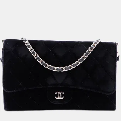 Pre-owned Chanel Cc Quilted Velvet Wallet On Removable Chain Black Fabric Velvet Wallet On Chain Bag