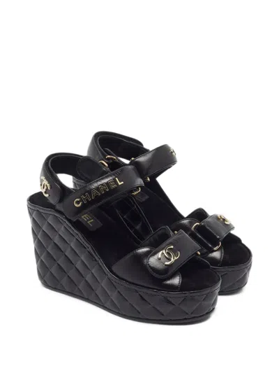 Pre-owned Chanel Cc Quilted Wedge Sandals In Black