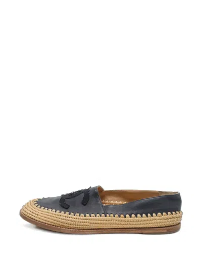 Pre-owned Chanel Cc Raffia Smoking Flat Espadrilles In Blue