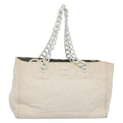 Pre-owned Chanel Cc Resin Chain Tote Quilted Raffia White Wood Tote Bag Bag ()