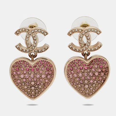 Pre-owned Chanel Cc Resin Crystals Gold Tone Heart Drop Earrings