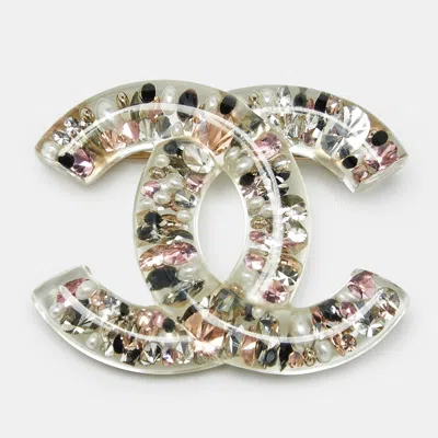 Pre-owned Chanel Cc Resin Faux Pearl Crystals Gold Tone Brooch