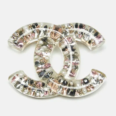 Pre-owned Chanel Cc Resin Faux Pearl Crystals Gold Tone Brooch