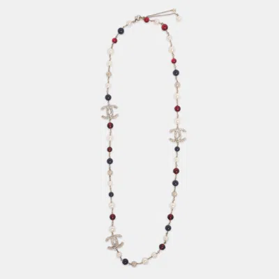 Pre-owned Chanel Cc Resin Faux Pearl Gold Tone Long Necklace In Multi