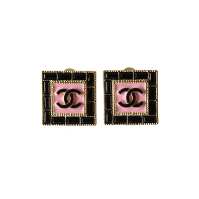 Pre-owned Chanel Cc Resin Square Stud Earrings Black Pink Gold