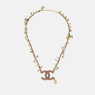 Pre-owned Chanel Cc Rhinestone Artificial Pearl Gold Chain Pendant Necklace