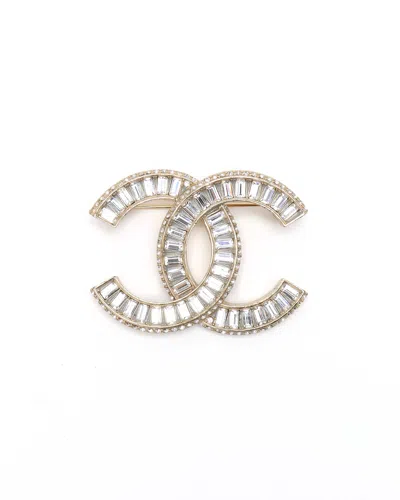 Pre-owned Chanel Cc Rhinestone Brooch In Gold