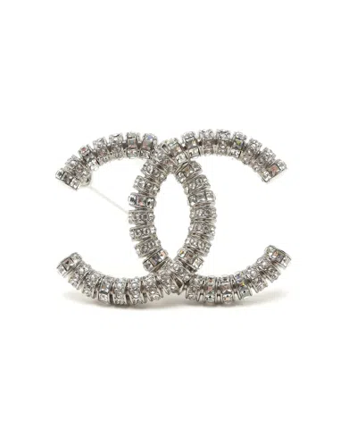 Chanel Cc Rhinestone Brooch In Silver