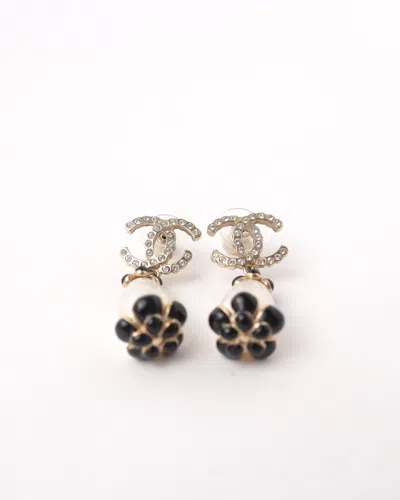 Pre-owned Chanel Cc Rhinestone Camelia Faux Pearl Drop Earrings
