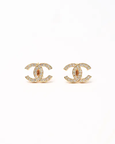 Pre-owned Chanel Cc Rhinestone Clip-on Earrings In Gold