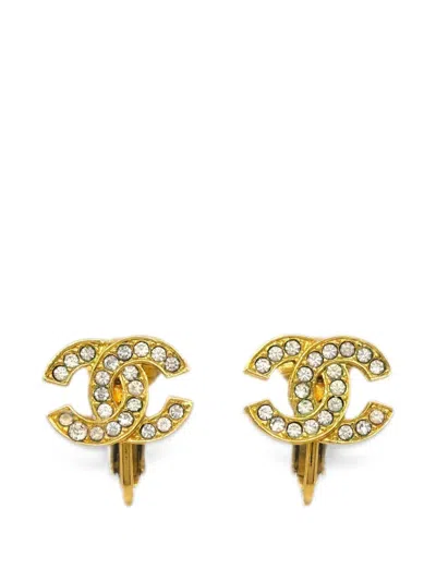 Pre-owned Chanel Cc Rhinestone Clip-on Earrings In Gold