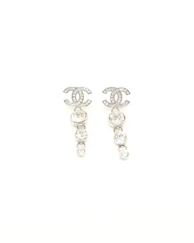 Pre-owned Chanel Cc Rhinestone Dangling Earrings In Silver