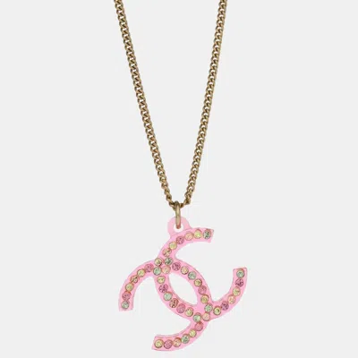 Pre-owned Chanel Cc Rhinestone Gold Chain Pendant Necklace