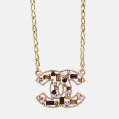 Pre-owned Chanel Cc Rhinestone Gold Plated Chain Pendant Necklace