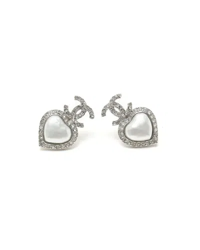 Chanel Cc Rhinestone Heart Earrings In Silver