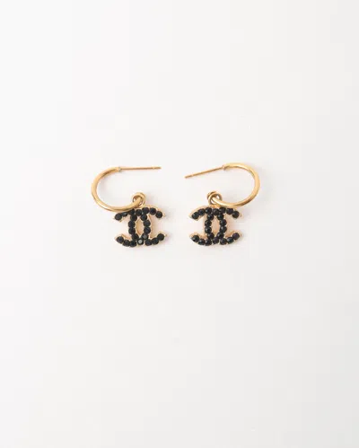 Pre-owned Chanel Cc Rhinestone Hoop Earrings In Gold