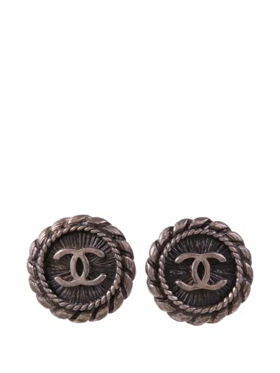 Pre-owned Chanel Cc Rope-trim Earrings In Silver