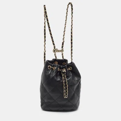 Pre-owned Chanel Cc Script Black Quilted Leather Drawstring Backpack