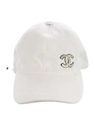Pre-owned Chanel Cc Sequins Baseball Cap In White