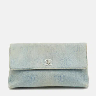 Pre-owned Chanel Cc Signature Vintage Blue Denim Clutch