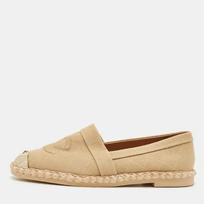 Pre-owned Chanel Cc Size 36 Beige Canvas And Metal Cap Toe Espadrille Flats In Sand