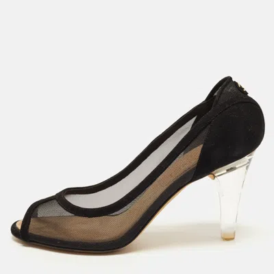 Pre-owned Chanel Cc Size 36 Black Mesh And Suede Peep Toe Pumps