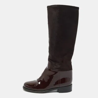 Pre-owned Chanel Cc Size 36 Burgundy Calf Hair And Patent Leather Mid Calf Boots
