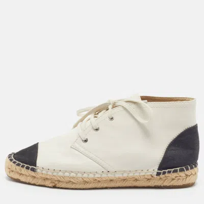 Pre-owned Chanel Cc Size 36 Cream/black Canvas And Leather Cap Toe High Top Espadrille Flats In White