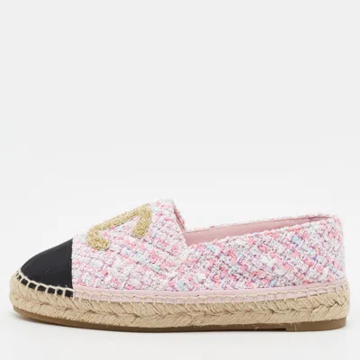 Pre-owned Chanel Cc Size 36 Pink/black Canvas And Tweed Cap Toe Espadrille Flats In Multicolor
