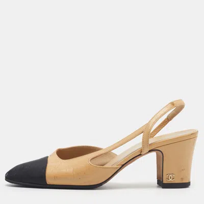 Pre-owned Chanel Cc Size 36.5 Beige/black Canvas And Leather D'orsay Slingback Pumps