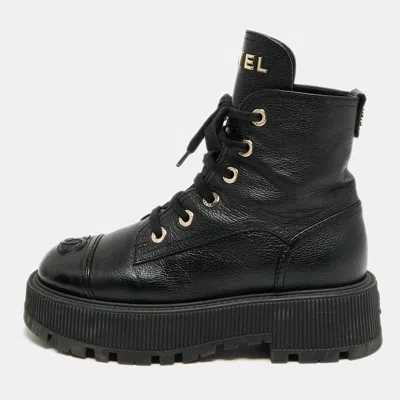 Pre-owned Chanel Cc Size 36.5 Black Leather Combat Boots