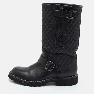 Pre-owned Chanel Cc Size 36.5 Black Quilted Leather Mid Calf Boots