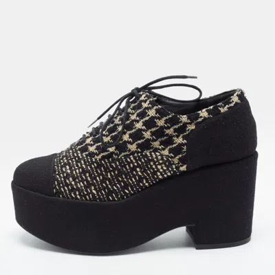 Pre-owned Chanel Cc Size 36.5 Black/cream Tweed And Fabric Cap Toe Platform Lace Up Oxfords