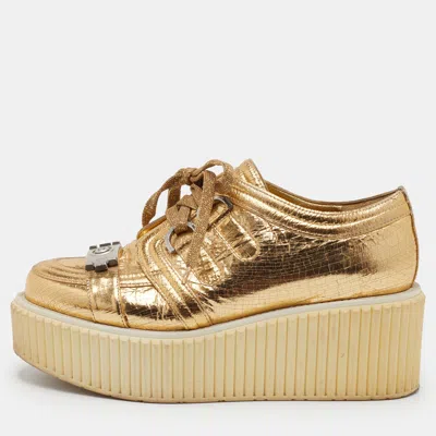 Pre-owned Chanel Cc Size 36.5 Gold Distressed Foil Leather Creepers Platform Sneakers