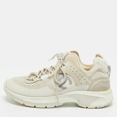 Pre-owned Chanel Cc Size 37 Beige Canvas And Suede High Top Sneakers In Sand