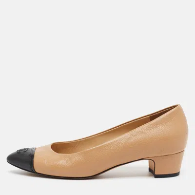 Pre-owned Chanel Cc Size 37 Beige/black Leather Cap Toe Block Heel Pumps In Sand