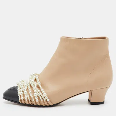 Pre-owned Chanel Cc Size 37 Beige/black Leather Cap Toe Pearl Embellished Ankle Length Boots In Sand