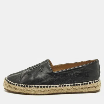 Pre-owned Chanel Cc Size 37 Black Leather Cap Toe Espadrille Flats