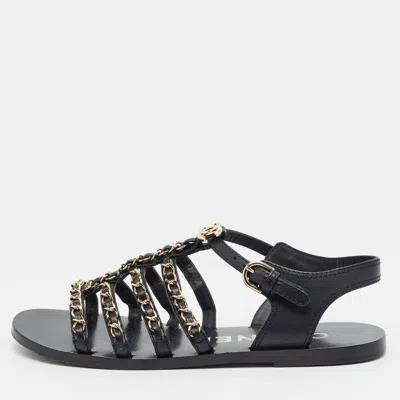 Pre-owned Chanel Cc Size 37 Black Leather Chain Embellished Flat Slides