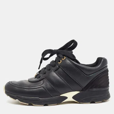 Pre-owned Chanel Cc Size 37 Black Leather Lace Up Sneakers