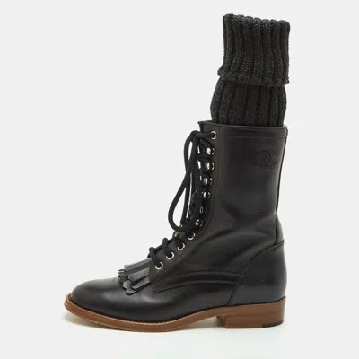 Pre-owned Chanel Cc Size 37 Black Leather Sock High Combat Boots