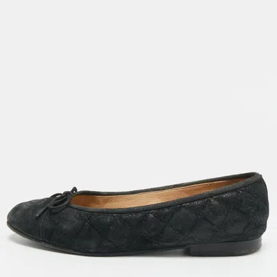 Pre-owned Chanel Cc Size 37 Black Quilted Leather Bow Cap Toe Ballet Flats