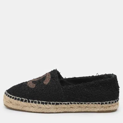 Pre-owned Chanel Cc Size 37 Black/gold Tweed Espadrille Flats