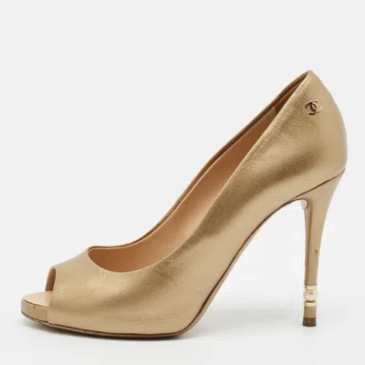 Pre-owned Chanel Cc Size 37 Gold Leather Peep Toe Pumps