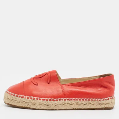 Pre-owned Chanel Cc Size 37 Red Leather Cap Toe Espadrille Flats