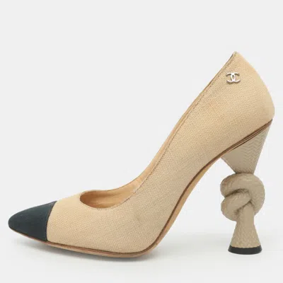 Pre-owned Chanel Cc Size 37.5 Beige Canvas Knot Heel Pumps