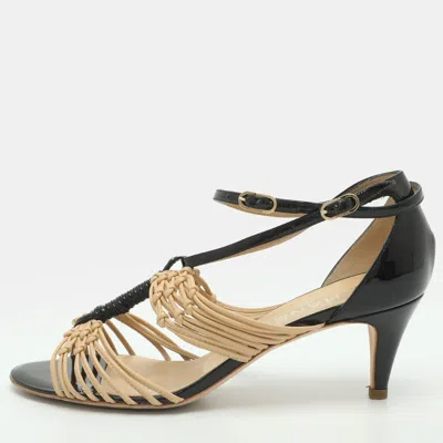 Pre-owned Chanel Cc Size 37.5 Black Leather And Patent Leather Strappy Ankle Strap Sandals